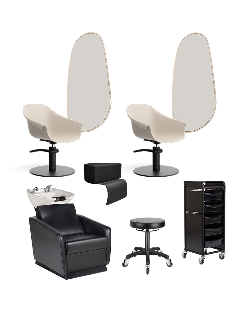 Beżowy pakiet startowy dla fryzjera - z 2 miejscami dla klientów, 1 miejscem do mycia i wyposażeniem